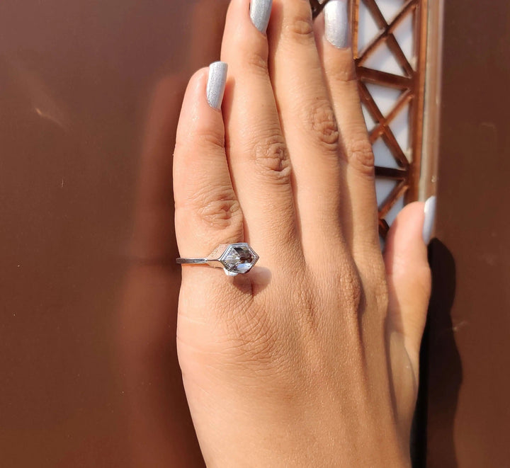 Moissanite Ring - Elegant Hexagon Engagement Ring with Milgrain Bezel