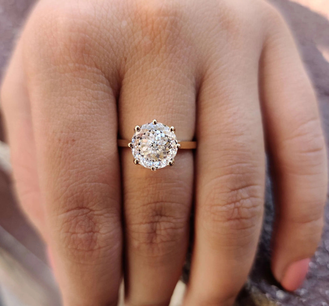 Moissanite Ring - Portuguese Cut Engagement Ring with Tulip Setting