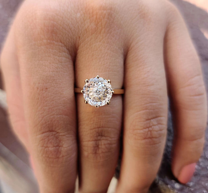 Moissanite Ring - Portuguese Cut Engagement Ring with Tulip Setting