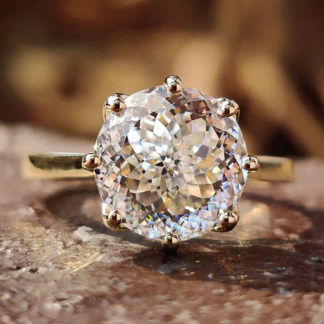 Moissanite Ring - Portuguese Cut Engagement Ring with Tulip Setting
