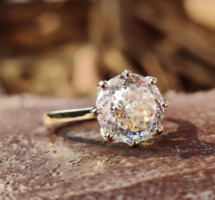 Moissanite Ring - Portuguese Cut Engagement Ring with Tulip Setting