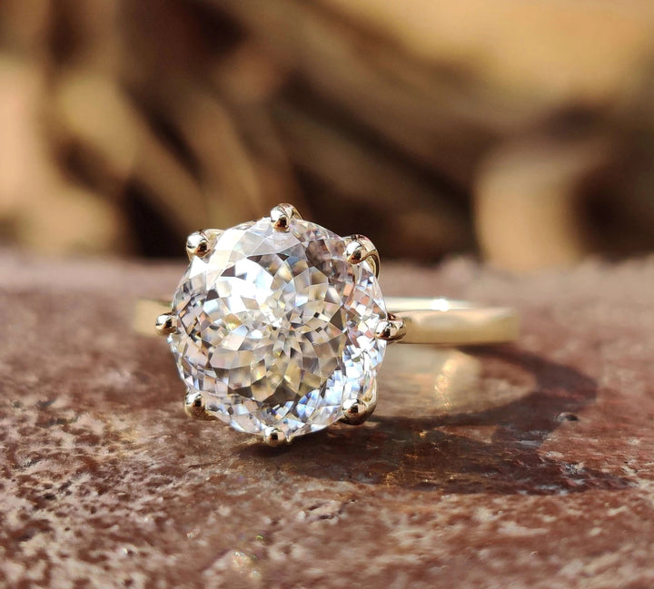 Moissanite Ring - Portuguese Cut Engagement Ring with Tulip Setting