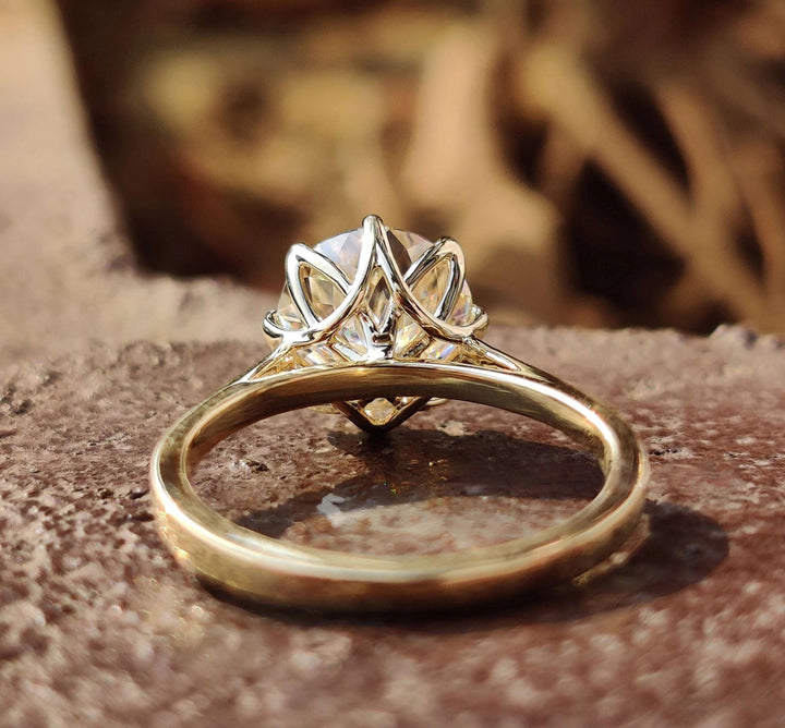 Moissanite Ring - Portuguese Cut Engagement Ring with Tulip Setting