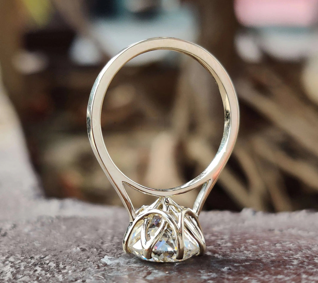 Moissanite Ring - Portuguese Cut Engagement Ring with Tulip Setting
