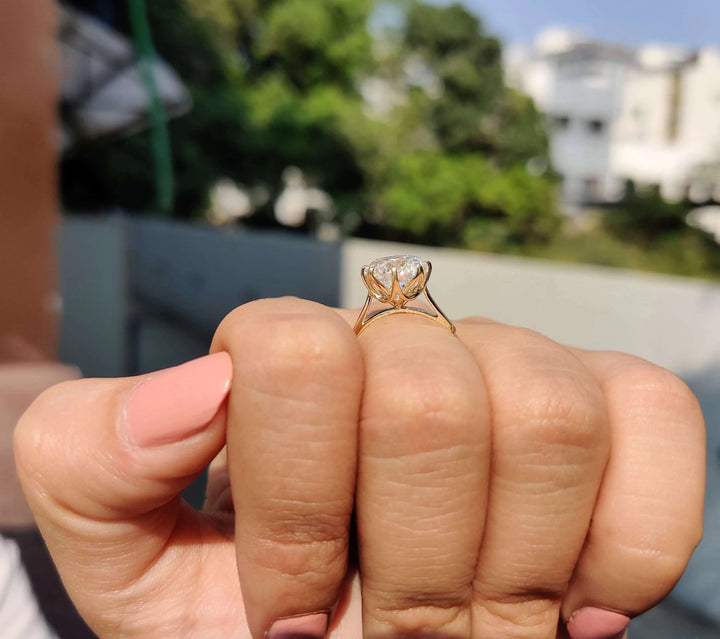 Moissanite Ring - Portuguese Cut Engagement Ring with Tulip Setting