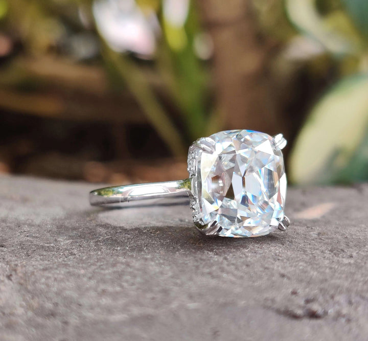 Moissanite Ring - Elegant Cushion Cut Hidden Halo Engagement Ring