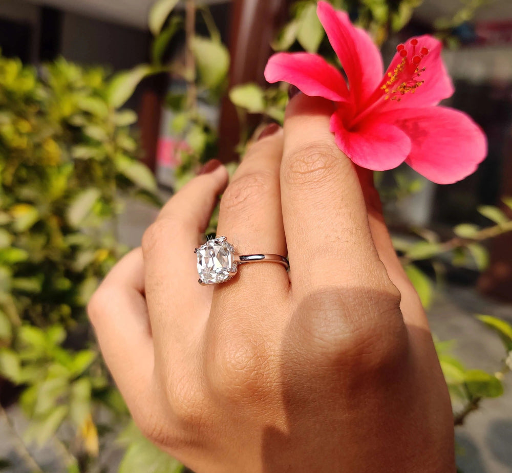 Moissanite Ring - Elegant Cushion Cut Hidden Halo Engagement Ring