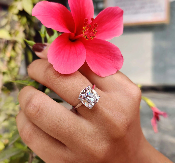 Moissanite Ring - Elegant Cushion Cut Hidden Halo Engagement Ring