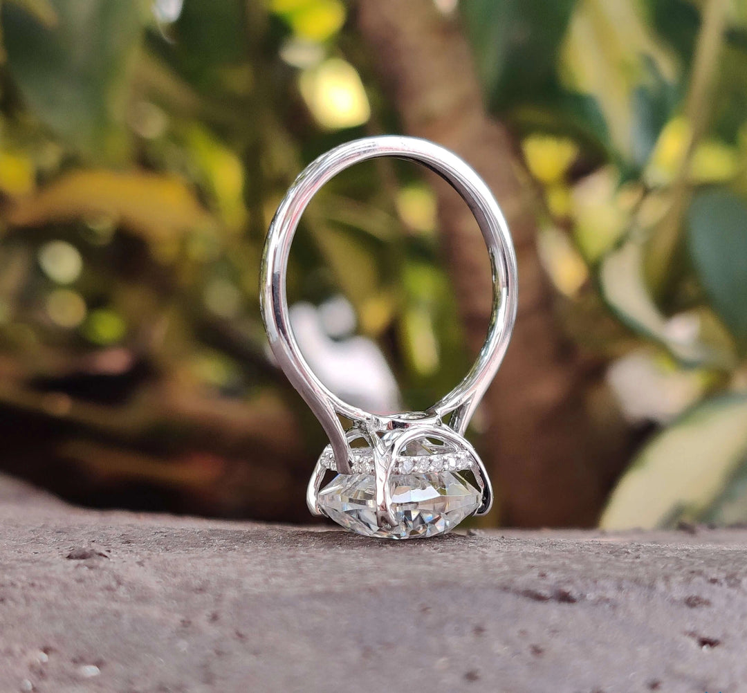 Moissanite Ring - Elegant Cushion Cut Hidden Halo Engagement Ring