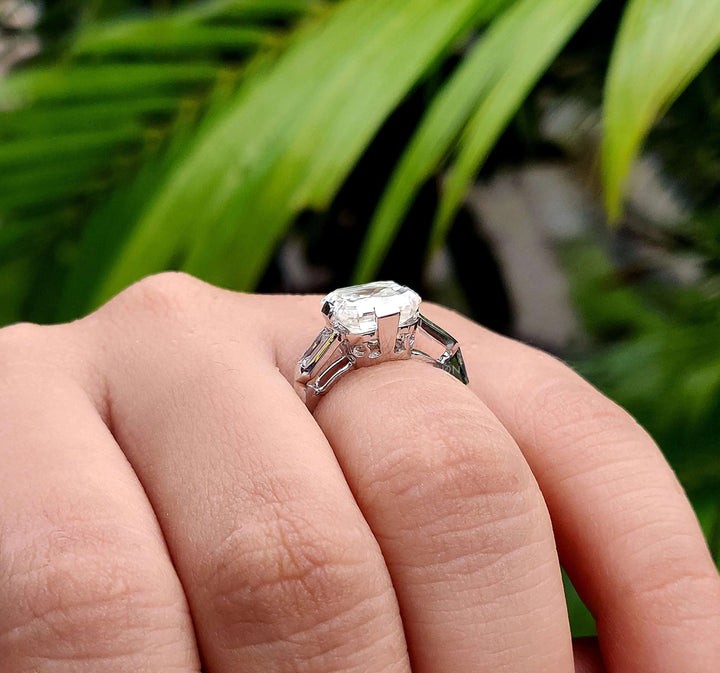 Moissanite Ring - Three Stone Engagement Ring with Baguette Accents