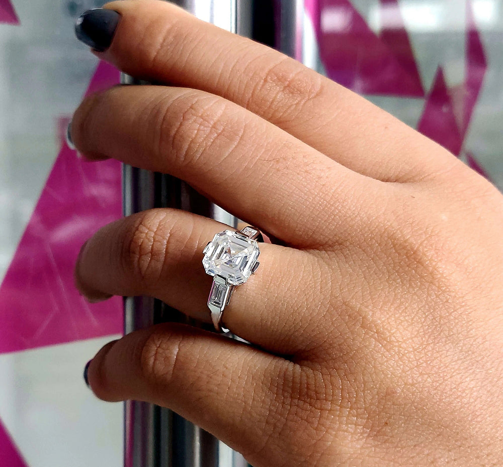 Moissanite Ring - Three Stone Engagement Ring with Baguette Accents