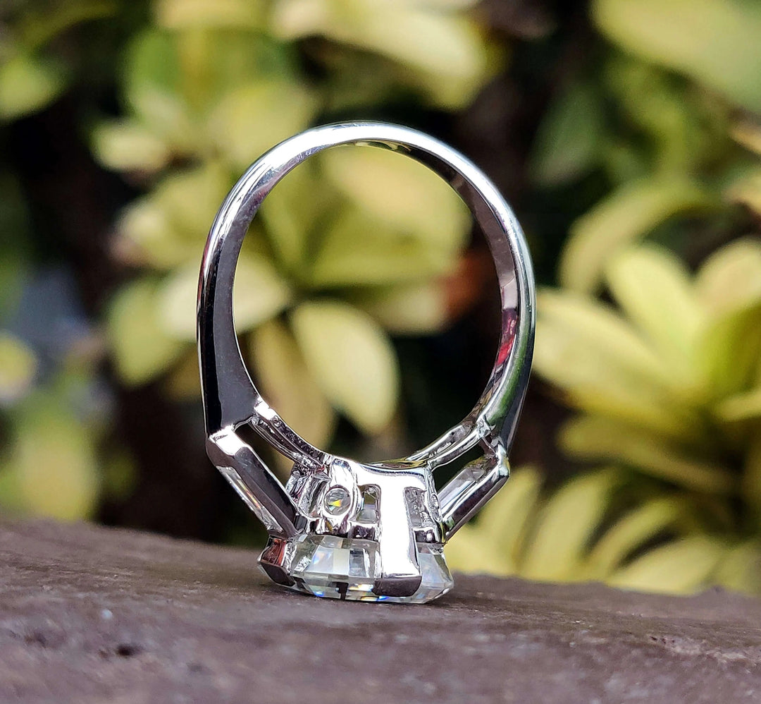 Moissanite Ring - Three Stone Engagement Ring with Baguette Accents