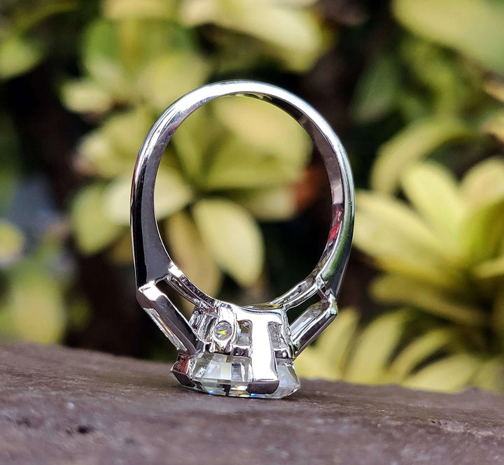 Moissanite Ring - Three Stone Engagement Ring with Baguette Accents