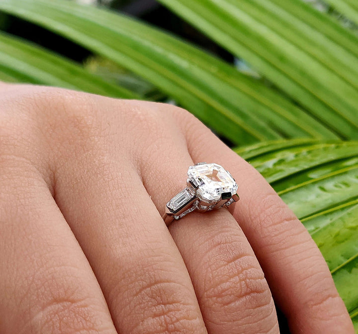Moissanite Ring - Three Stone Engagement Ring with Baguette Accents
