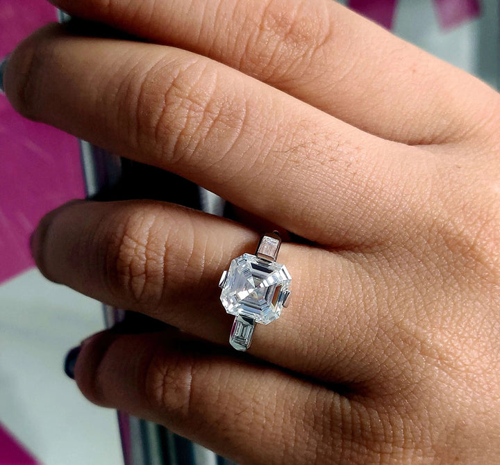 Moissanite Ring - Three Stone Engagement Ring with Baguette Accents