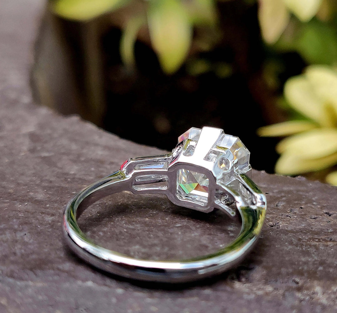 Moissanite Ring - Three Stone Engagement Ring with Baguette Accents