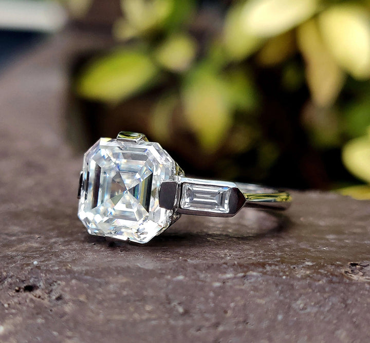 Moissanite Ring - Three Stone Engagement Ring with Baguette Accents