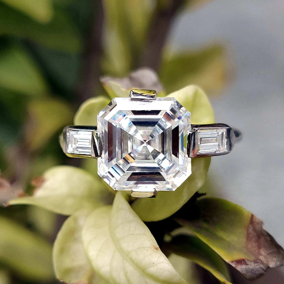 Moissanite Ring - Three Stone Engagement Ring with Baguette Accents