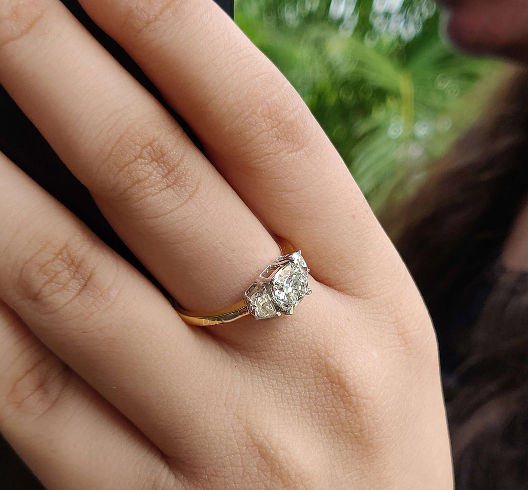 Moissanite Ring - Unique Three Stone Cushion Divine Engagement Ring
