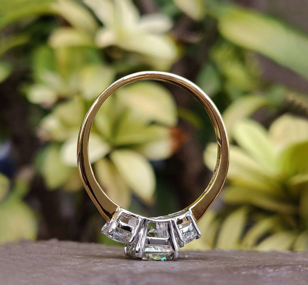 Moissanite Ring - Unique Three Stone Cushion Divine Engagement Ring