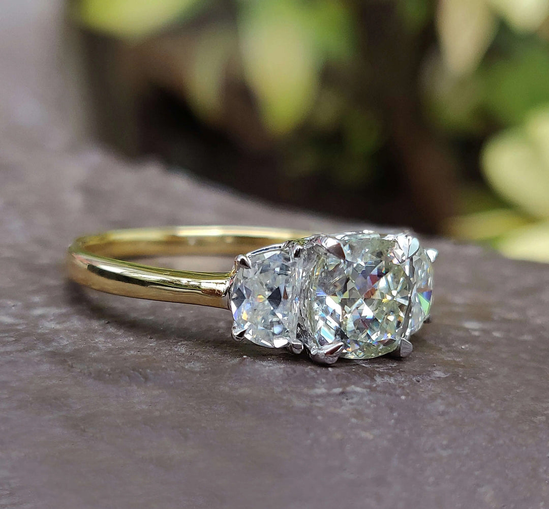 Moissanite Ring - Unique Three Stone Cushion Divine Engagement Ring