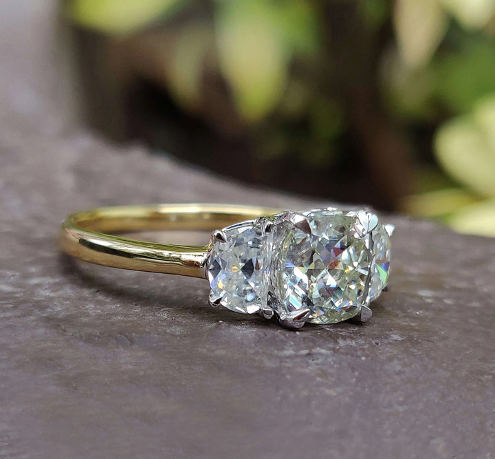 Moissanite Ring - Unique Three Stone Cushion Divine Engagement Ring