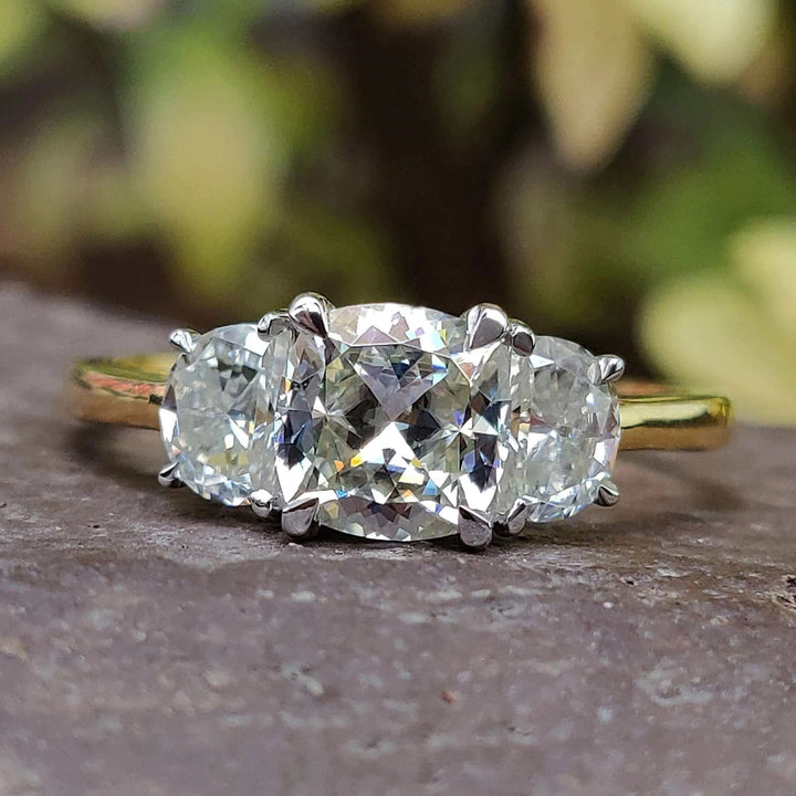 Moissanite Ring - Unique Three Stone Cushion Divine Engagement Ring