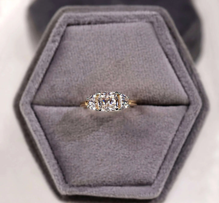 Moissanite Ring - Unique Three Stone Cushion Divine Engagement Ring