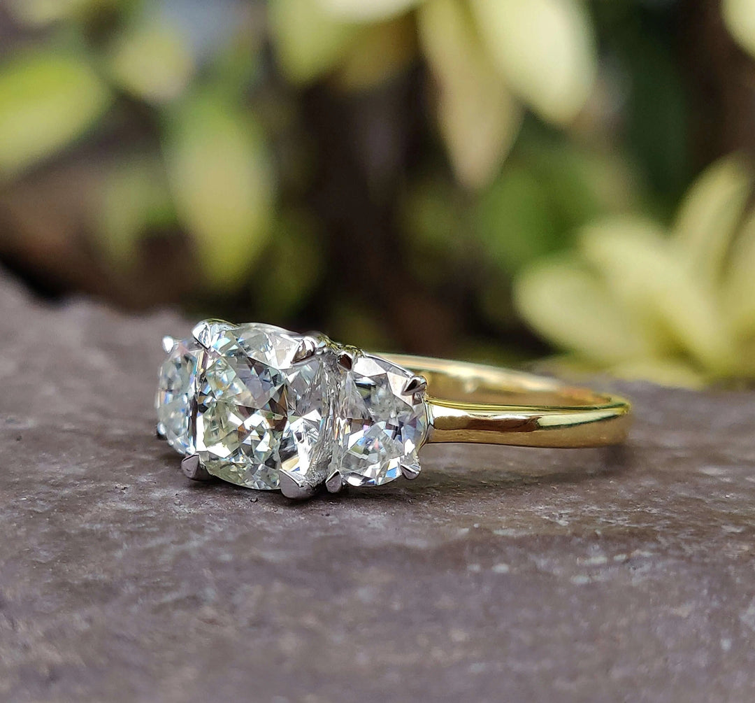 Moissanite Ring - Unique Three Stone Cushion Divine Engagement Ring