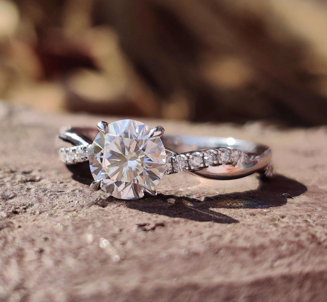 Moissanite Ring - Elegant Filigree Style Twisted Shank Engagement Ring