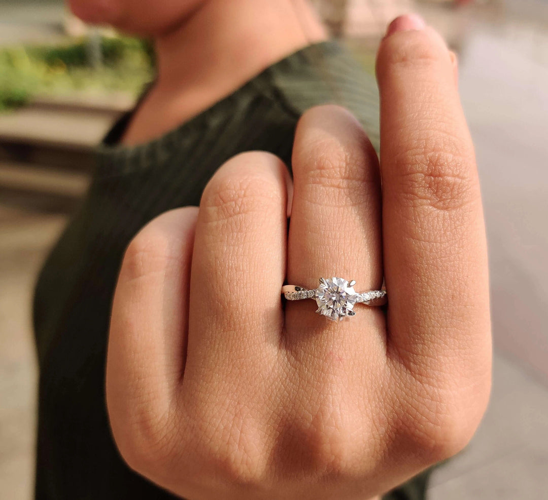 Moissanite Ring - Elegant Filigree Style Twisted Shank Engagement Ring