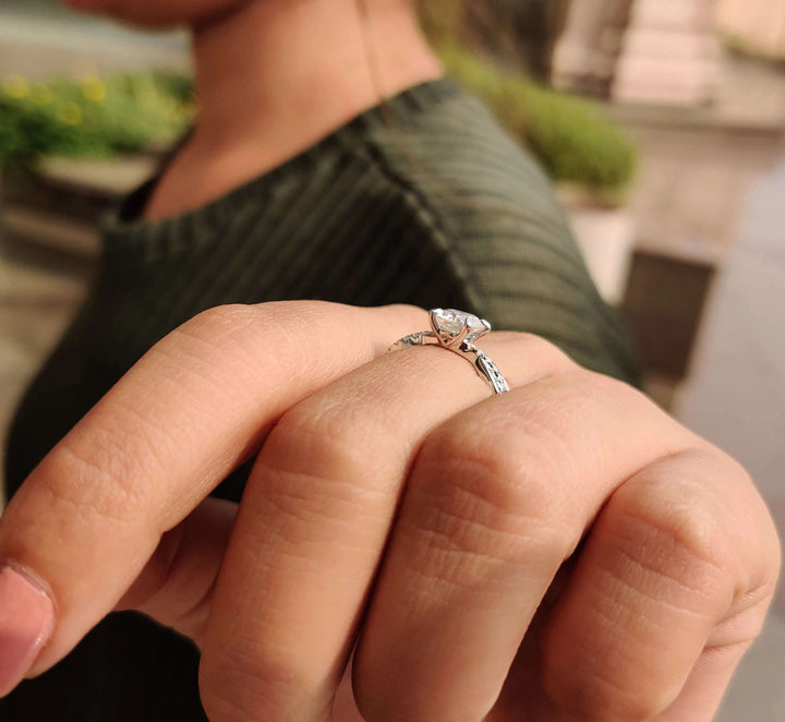 Moissanite Ring - Elegant Filigree Style Twisted Shank Engagement Ring