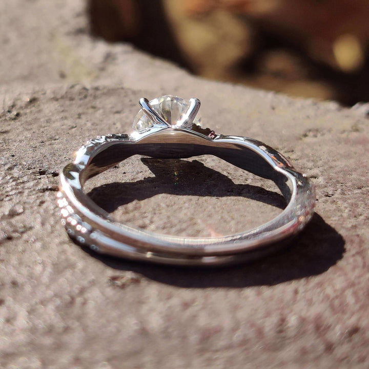 Moissanite Ring - Elegant Filigree Style Twisted Shank Engagement Ring
