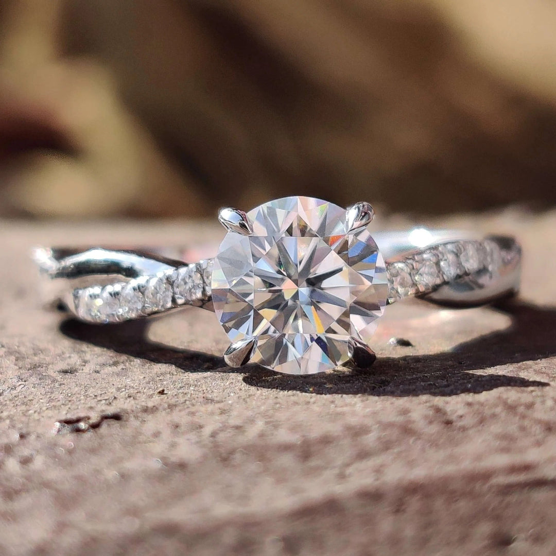 Moissanite Ring - Elegant Filigree Style Twisted Shank Engagement Ring