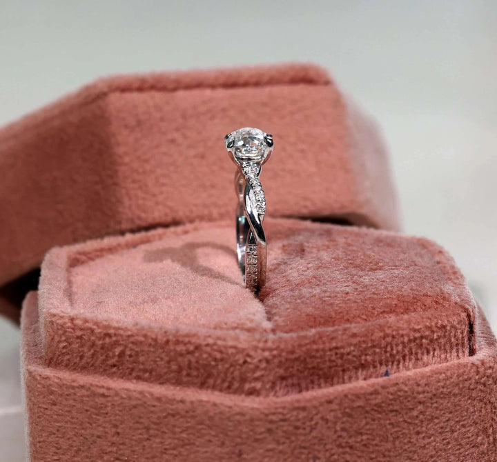 Moissanite Ring - Elegant Filigree Style Twisted Shank Engagement Ring