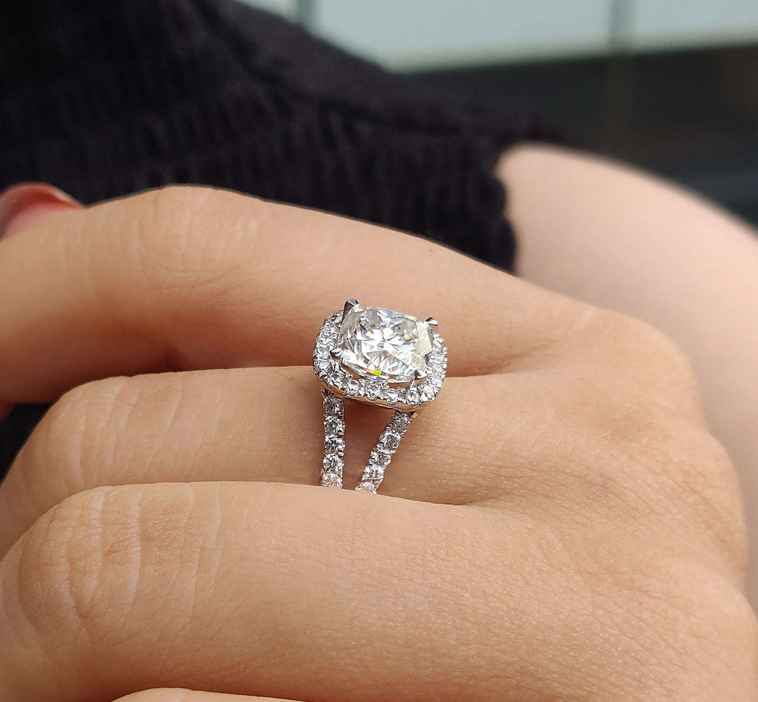 Moissanite Ring - Luxurious Split Shank Cushion Cut Engagement Ring