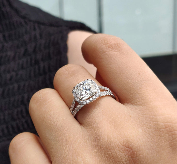 Moissanite Ring - Luxurious Split Shank Cushion Cut Engagement Ring