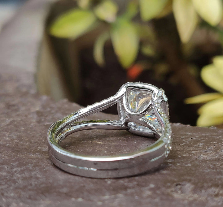 Moissanite Ring - Luxurious Split Shank Cushion Cut Engagement Ring