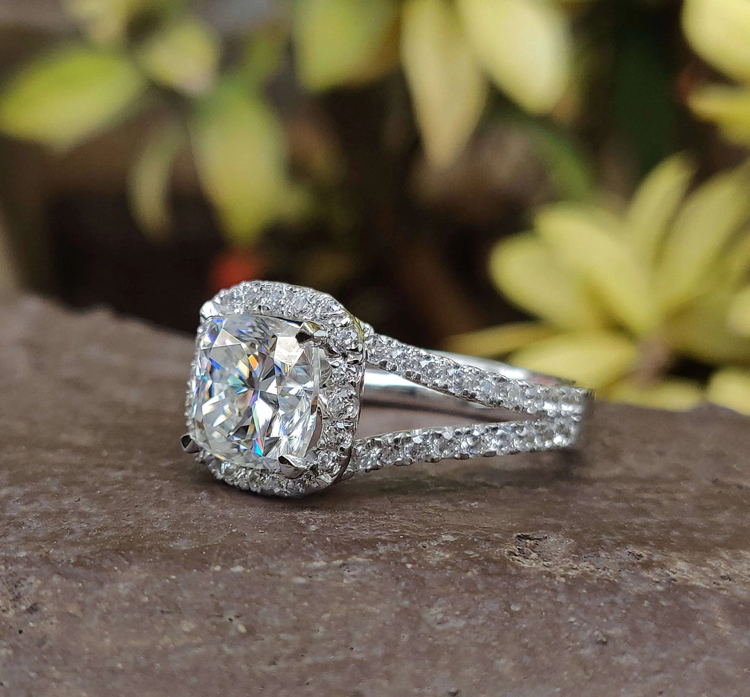 Moissanite Ring - Luxurious Split Shank Cushion Cut Engagement Ring