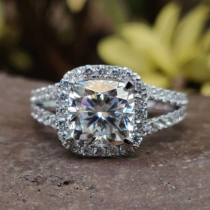 Moissanite Ring - Luxurious Split Shank Cushion Cut Engagement Ring