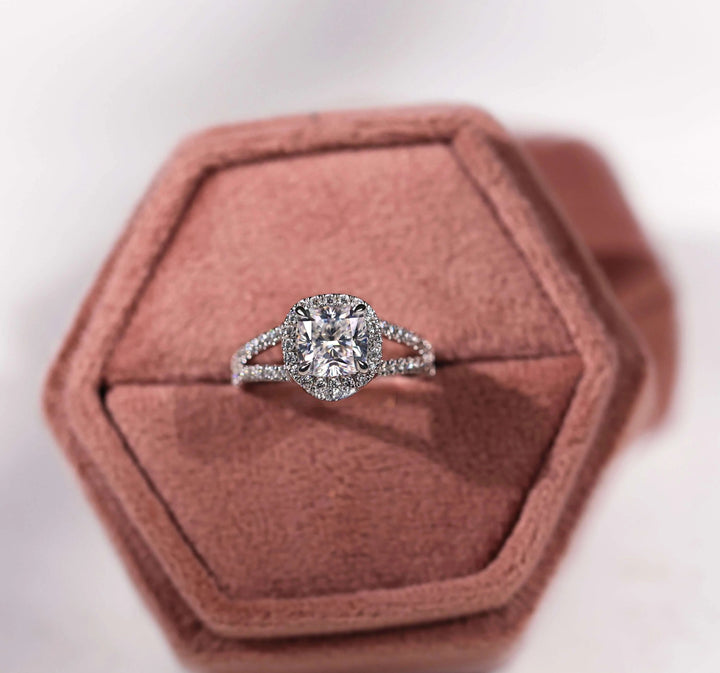 Moissanite Ring - Luxurious Split Shank Cushion Cut Engagement Ring