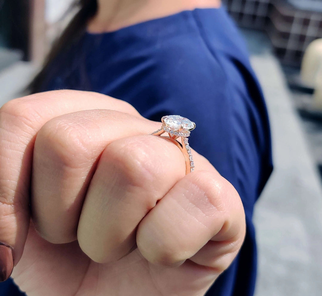 Moissanite Ring - Elegant Oval Cut Engagement Ring with Hidden Halo