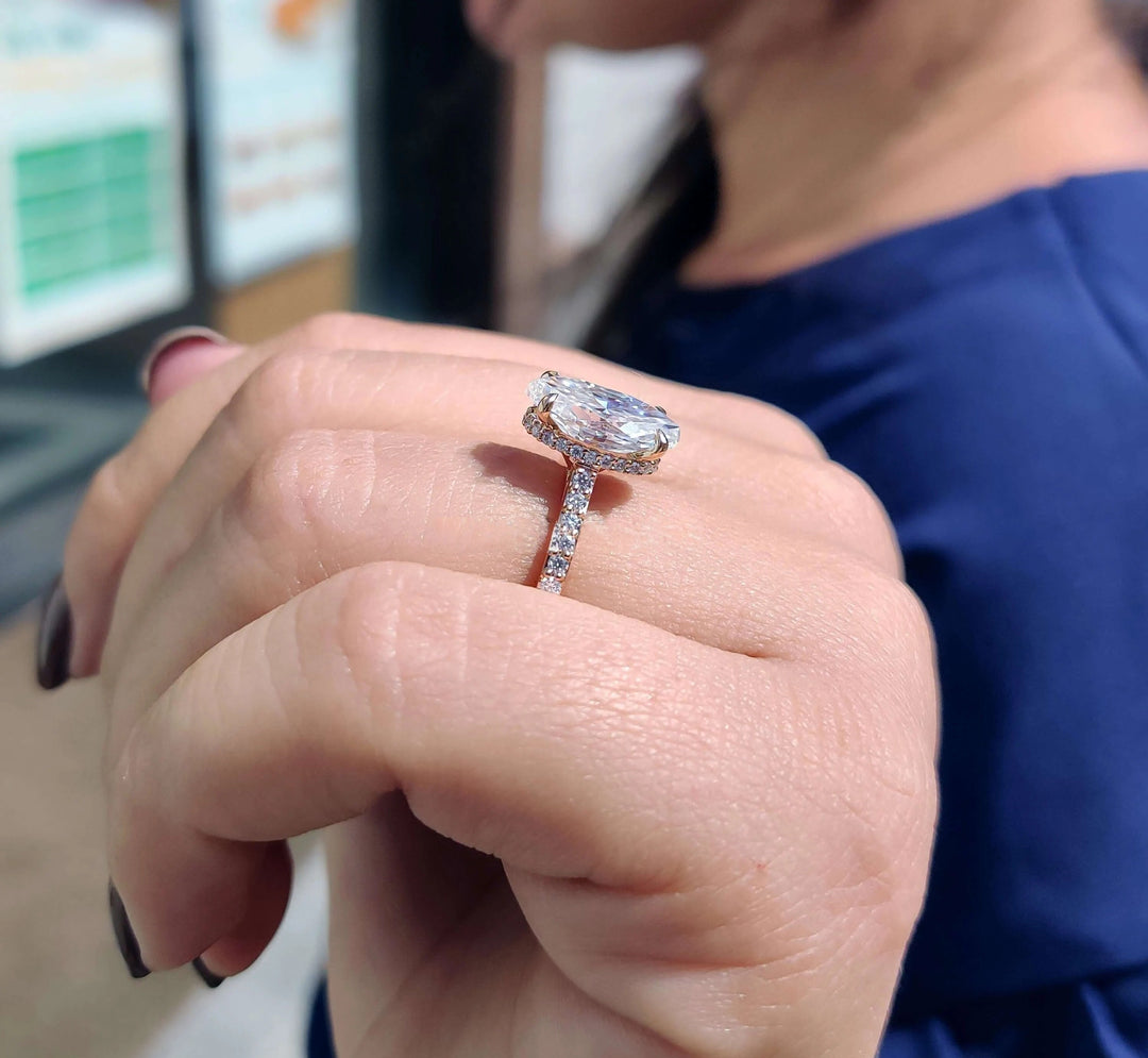 Moissanite Ring - Elegant Oval Cut Engagement Ring with Hidden Halo