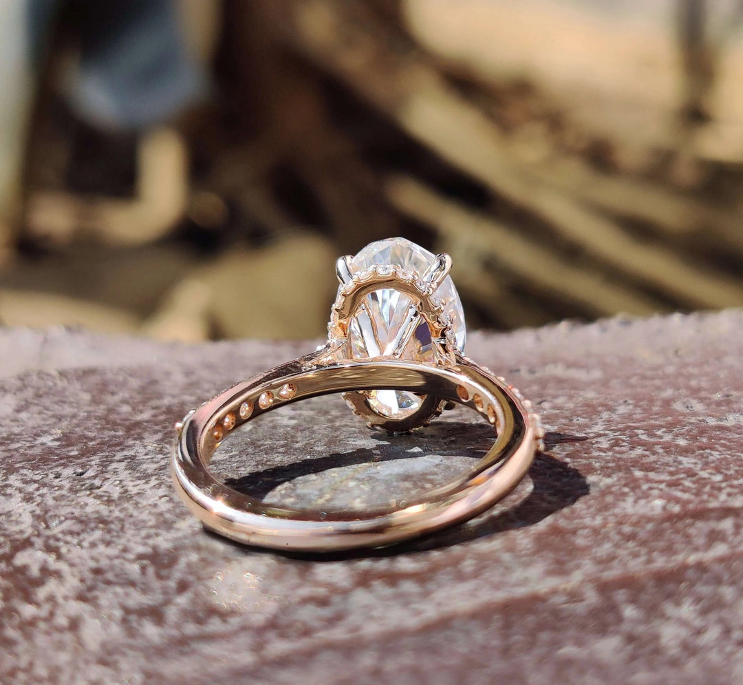 Moissanite Ring - Elegant Oval Cut Engagement Ring with Hidden Halo