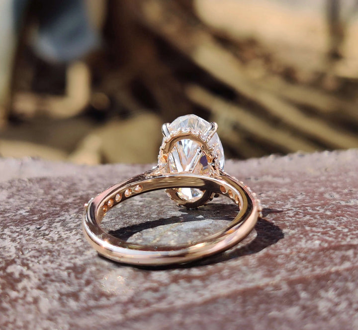 Moissanite Ring - Elegant Oval Cut Engagement Ring with Hidden Halo