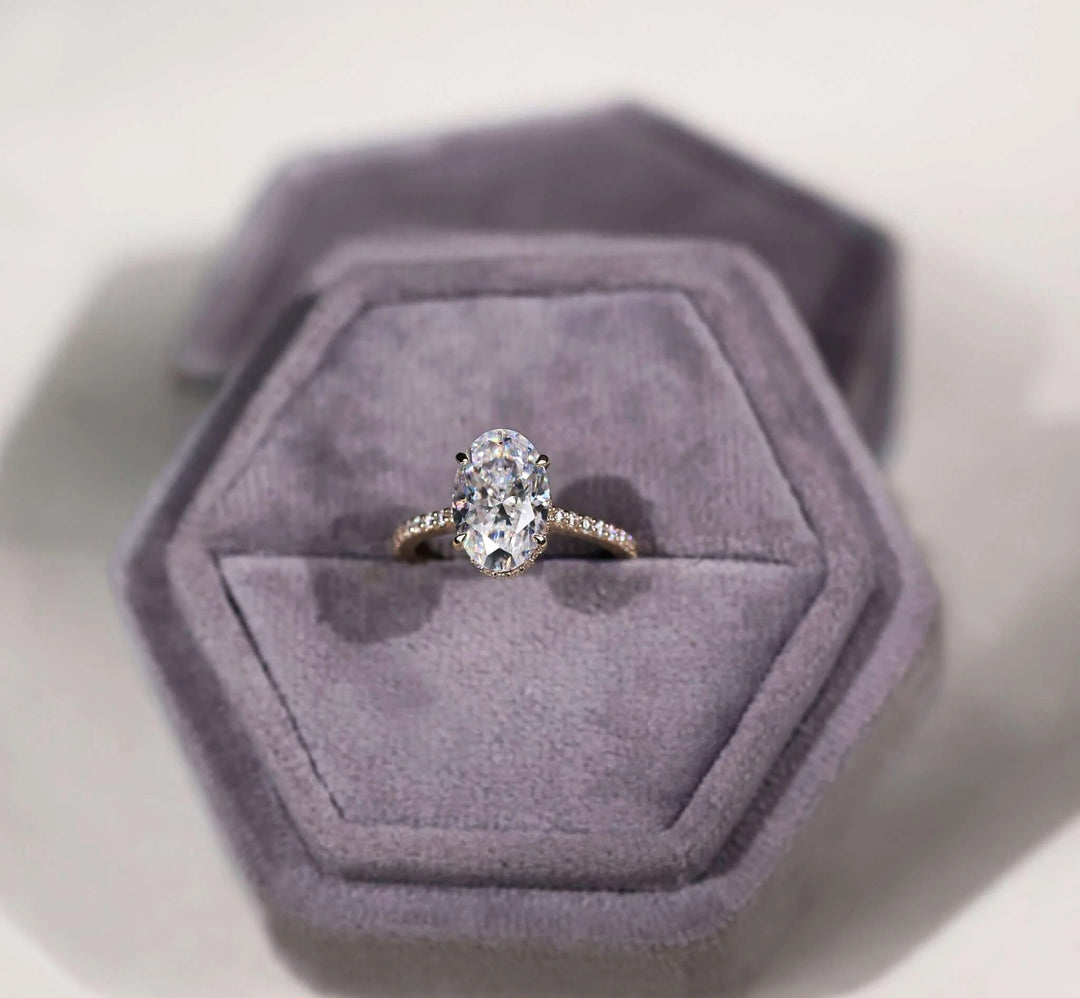 Moissanite Ring - Elegant Oval Cut Engagement Ring with Hidden Halo