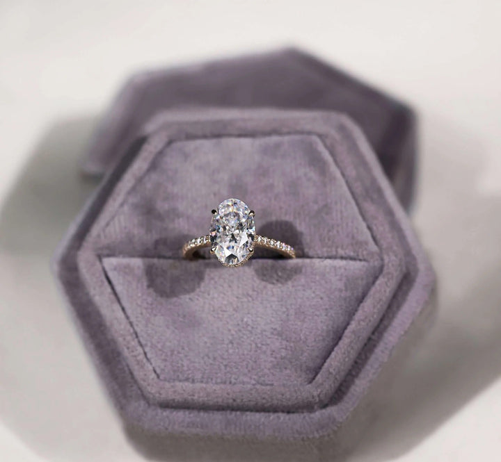 Moissanite Ring - Elegant Oval Cut Engagement Ring with Hidden Halo