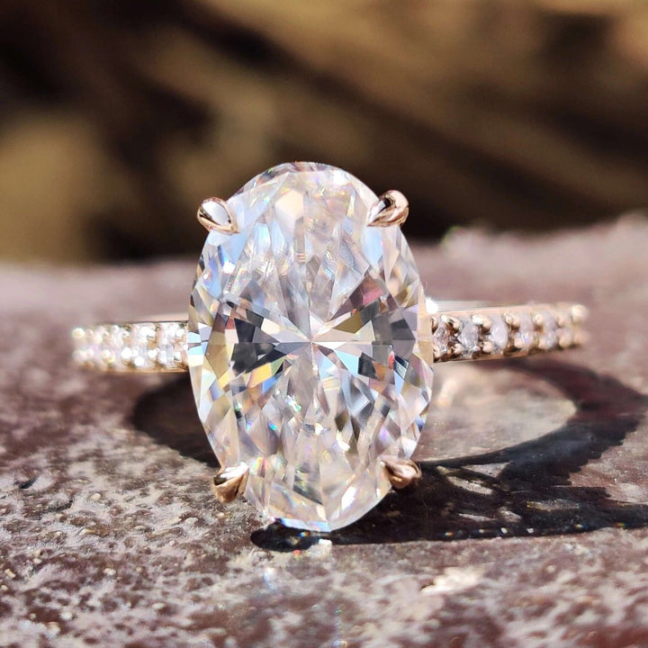 Moissanite Ring - Elegant Oval Cut Engagement Ring with Hidden Halo