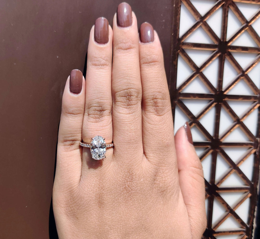 Moissanite Ring - Elegant Oval Cut Engagement Ring with Hidden Halo