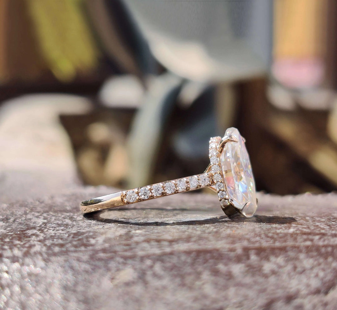 Moissanite Ring - Elegant Oval Cut Engagement Ring with Hidden Halo